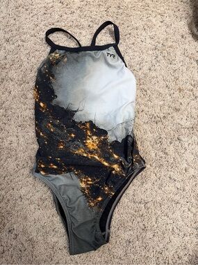 TYR Kids Black & Gold Space-Print One-Piece Swimsuit